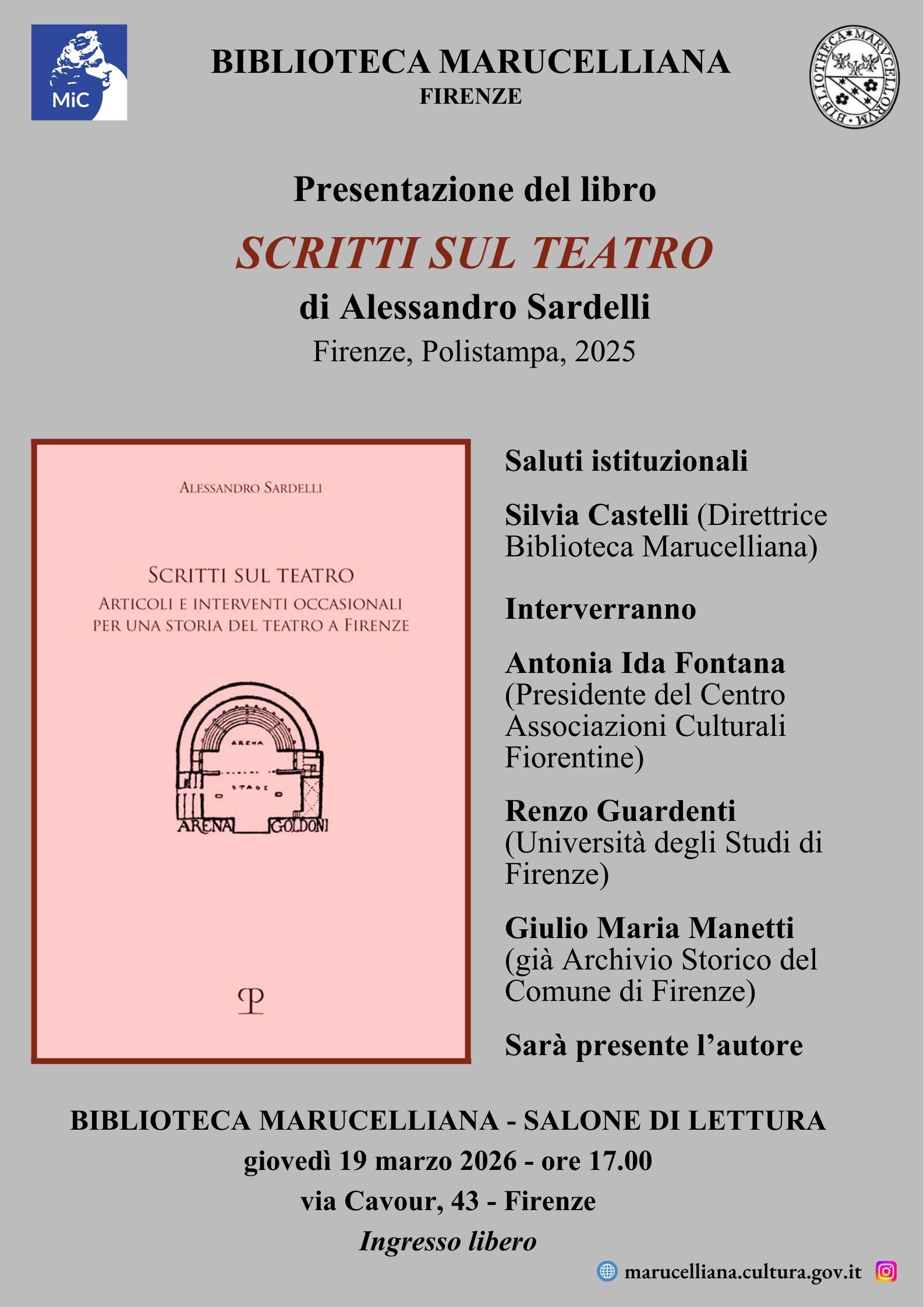 Presentazione libro: "Scritti sul teatro", di Alessandro Sardelli - Biblioteca Marucelliana - 19 marzo 2026